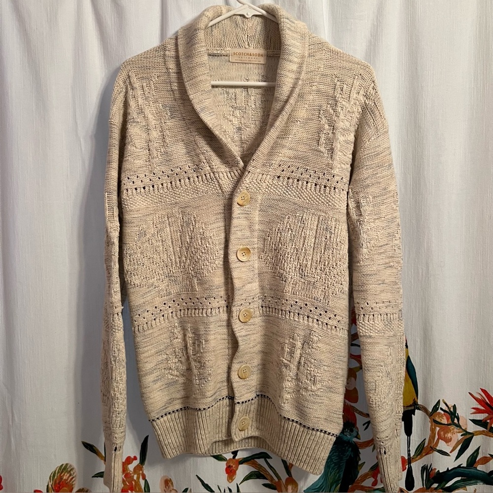 Scotch & Soda Men's Cream button-up  Collar knit cardigan sweater Sz S Academic